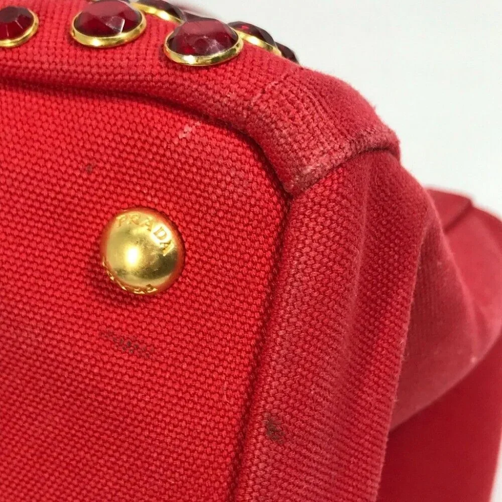 PRADA triangle logo plate Kanapa GM Bijoux Hand Bag Tote Bag Canvas Red - Picture 8 of 16